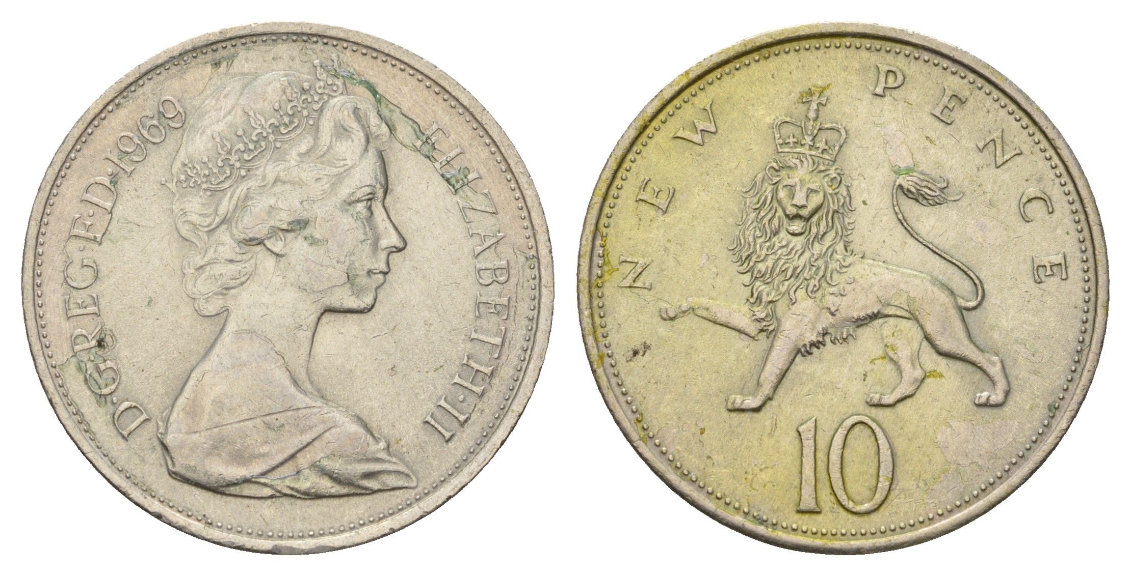 Великобритания 10 новых пенсов 1969 Елизавета II (1952-2022) KM 912, Spink 4231 (F1) медно-никель 4140-344