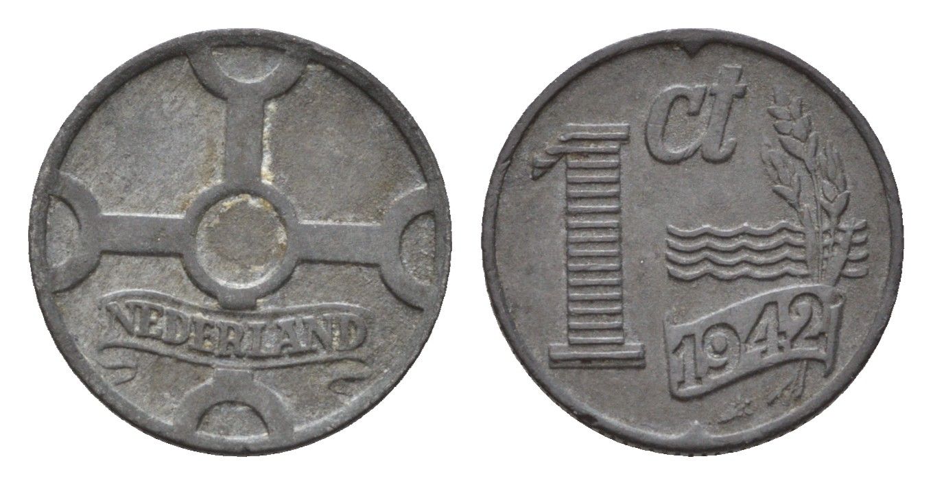 Нидерланды 1 цент 1942 Вильгельмина (1890-1948) KM 170 цинк 4674-1166
