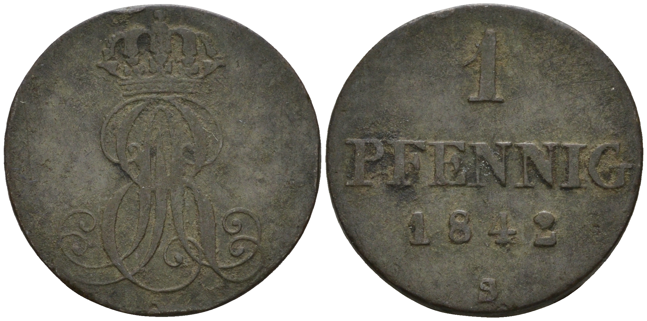 Ганновер 1 пфенниг 1842 S, Эрнст Август (1837-1851) KM 173.3, AKS 128, J. 54 медь 4608-353