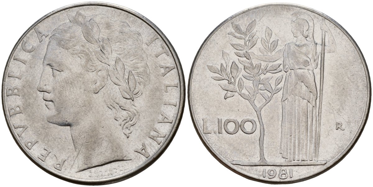 Италия 100 лир 1981 R, Афина у оливкого дерева KM 96.1 нержавеющая сталь 4149-1234