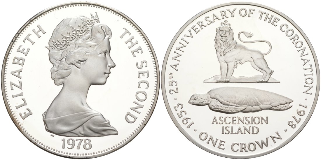 Остров Вознесения 1 крона 1978 25 лет коронации Елизаветы II, в оригинальной коробке KM 1 а серебро  PROOF  00-000-00