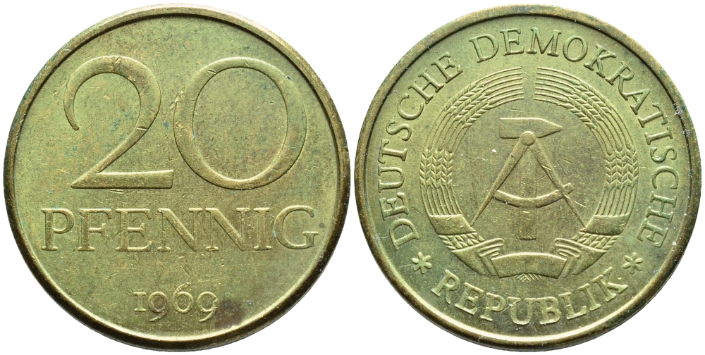 ГДР 20 пфеннигов 1969 A, первый год KM 11 латунь 4395-334