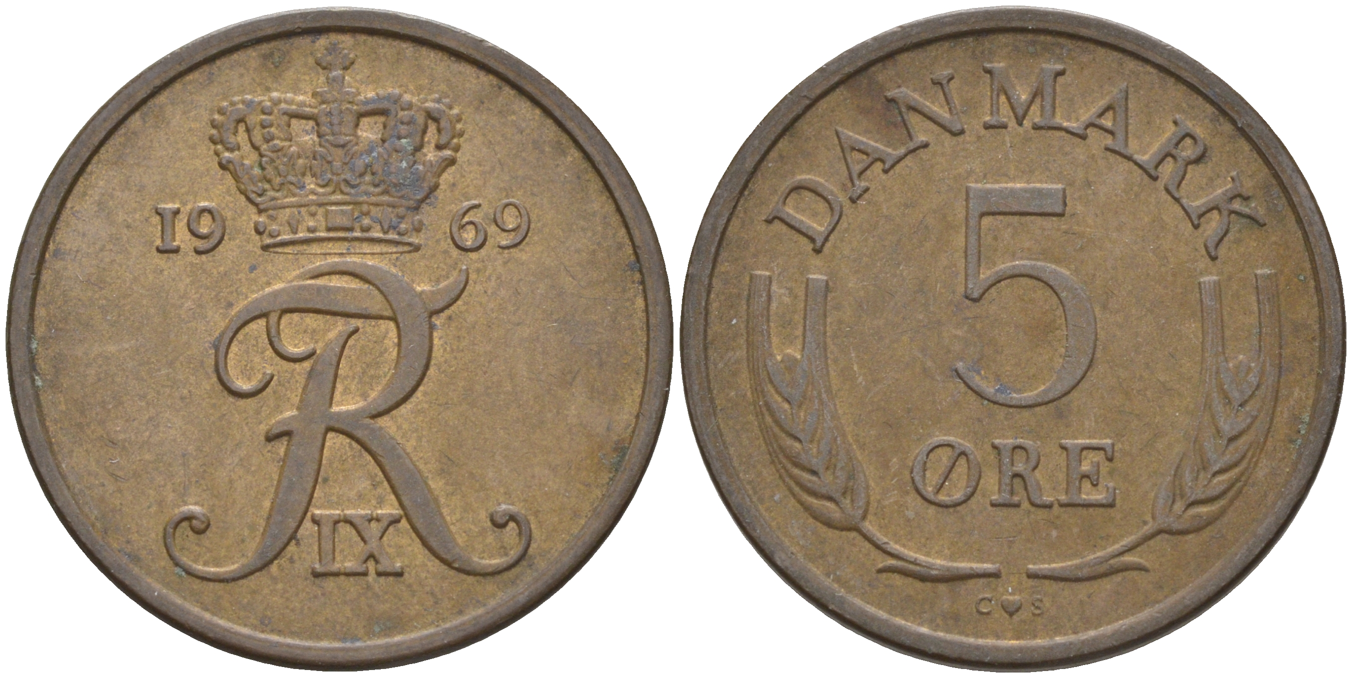 ДАНИЯ 5 ЭРЕ 1969 C; S, ФРЕДЕРИК IX (1947-1972) KM 848.1 бронза 106-117