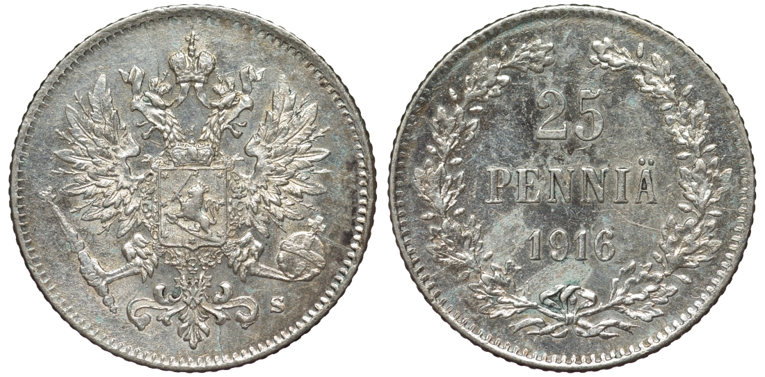 Россия для Финляндии 25 пенни 1916 S, Николай II (1894-1917) KM 6.2, Биткин 421 серебро 75-1344