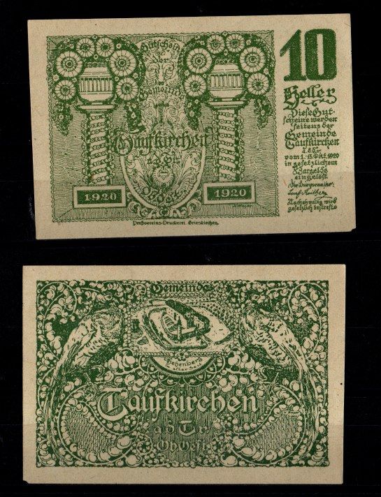 Австрия,Тауфкирхен-ан-дер-Тратнах 10 геллеров 1920 Jaksc/Pick JPR1059-10 бумага UNC (пресс) 2193-19-1-1