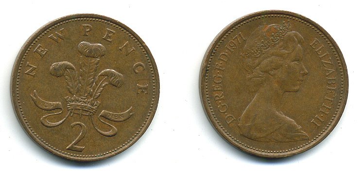 Великобритания 2 пенса 1971 Елизавета II (1952-2022) КМ 916, Spink 4235 (C1) бронза 4110-556