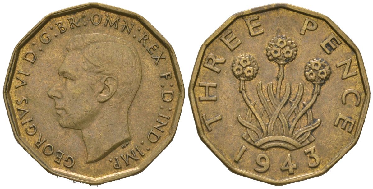 Великобритания 3 пенса 1943 Георг VI (1936-1952) KM 849, Spink 4112 никель латунь 4163-636