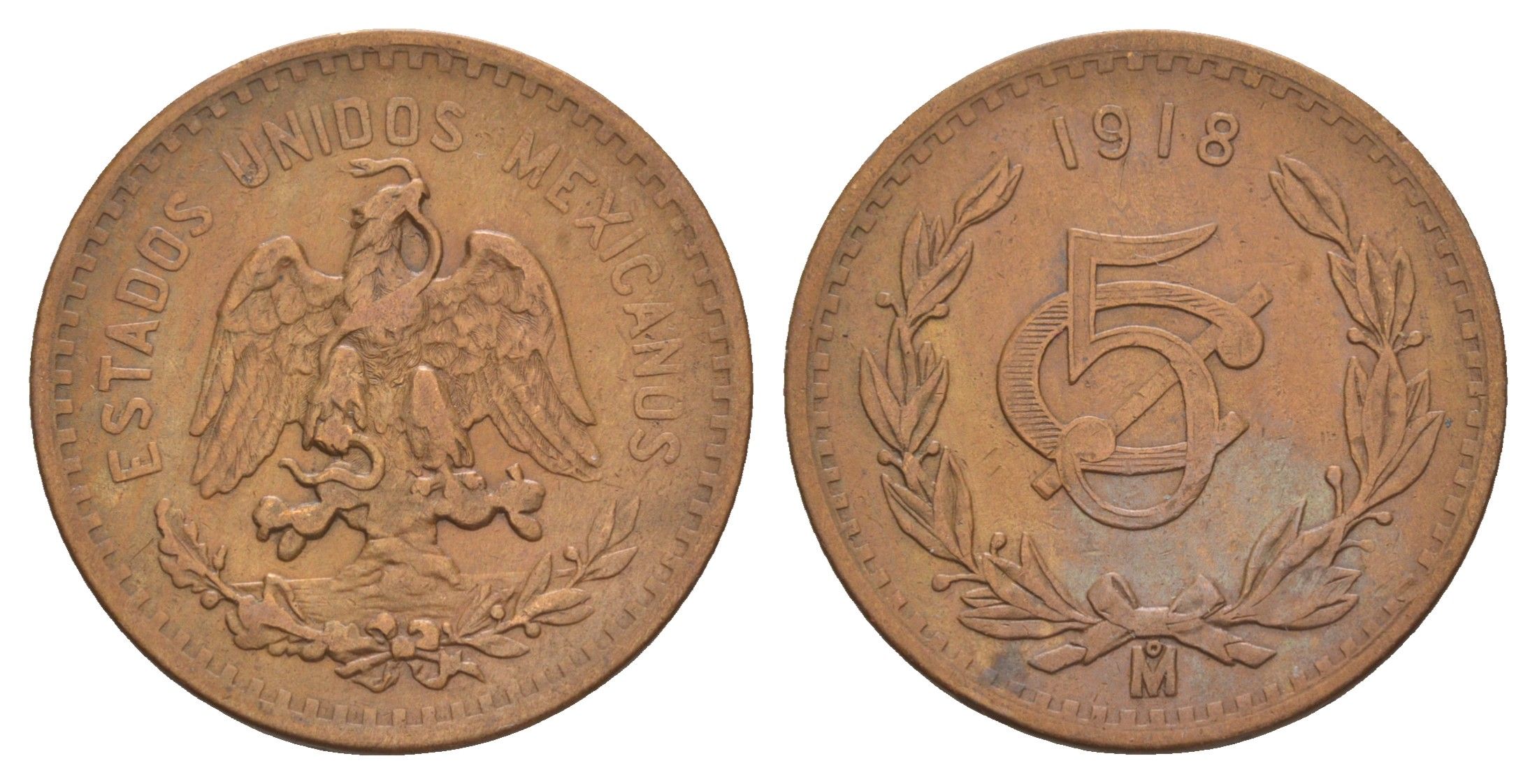 Мексика 5 сентаво 1918 KM 422 бронза 1518-431