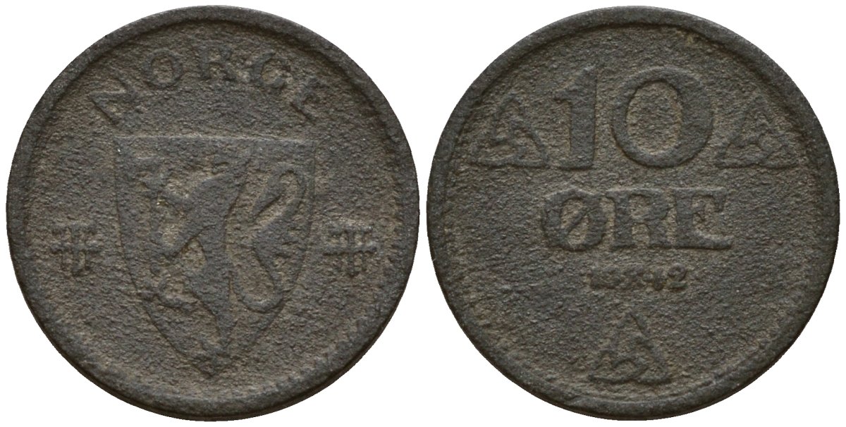 Норвегия 10 эре 1942 Хокон VII (1906 - 1957) KM 389 цинк 4154-757