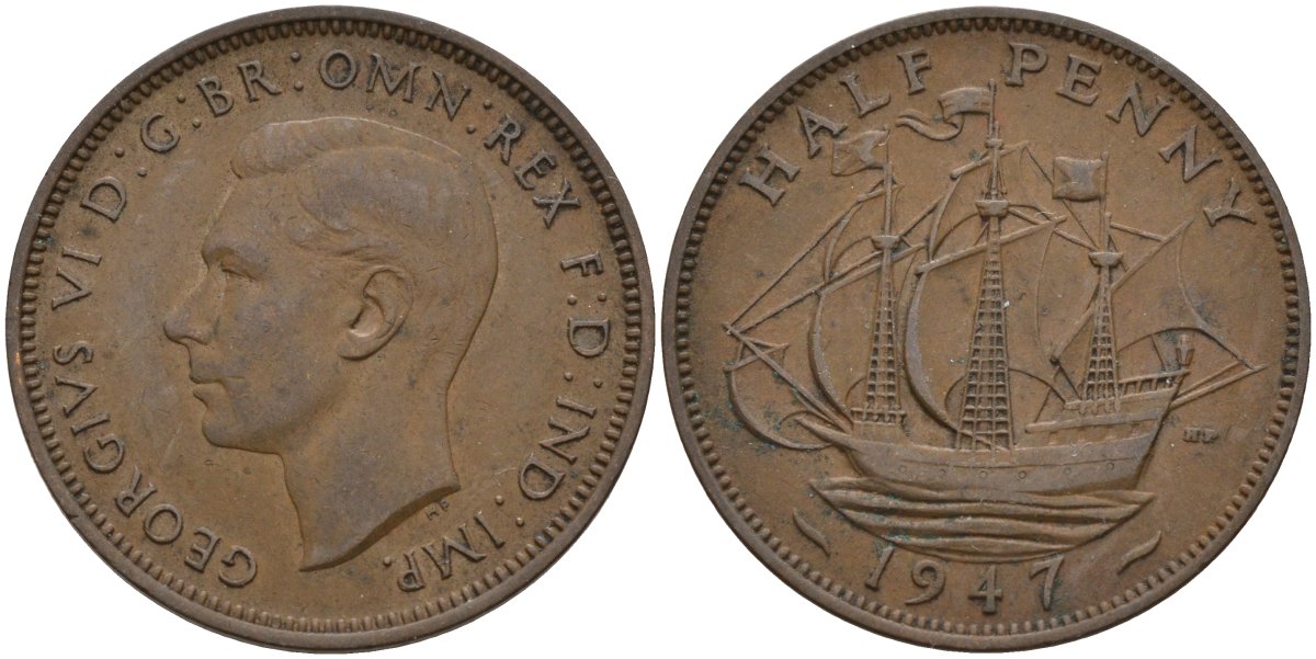Великобритания 1/2 пенни 1947 Георг VI (1936-1952) KM 844, Spink 4115 бронза 4146-241