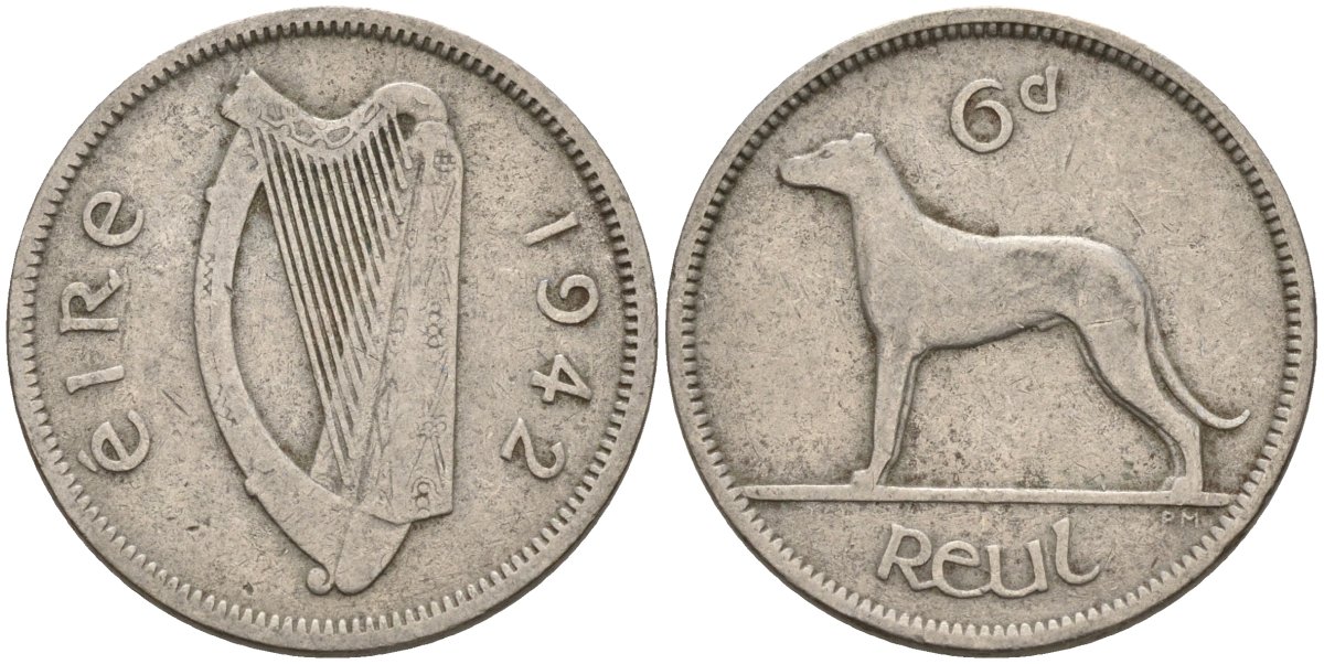 Ирландия 6 пенсов 1942 ирландский волкодав KM 13a медно-никель 4146-434
