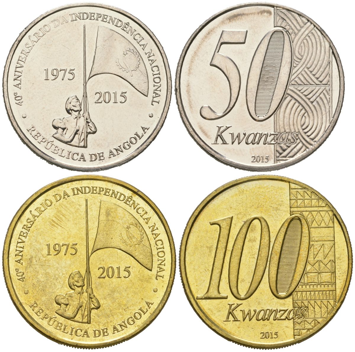 Ангола набор из 2 монет (50 и 100 кванз) 2015 40 лет независимости KM 112 и 113 сталь плакированная никелем и латунью UNC 4619-331-332