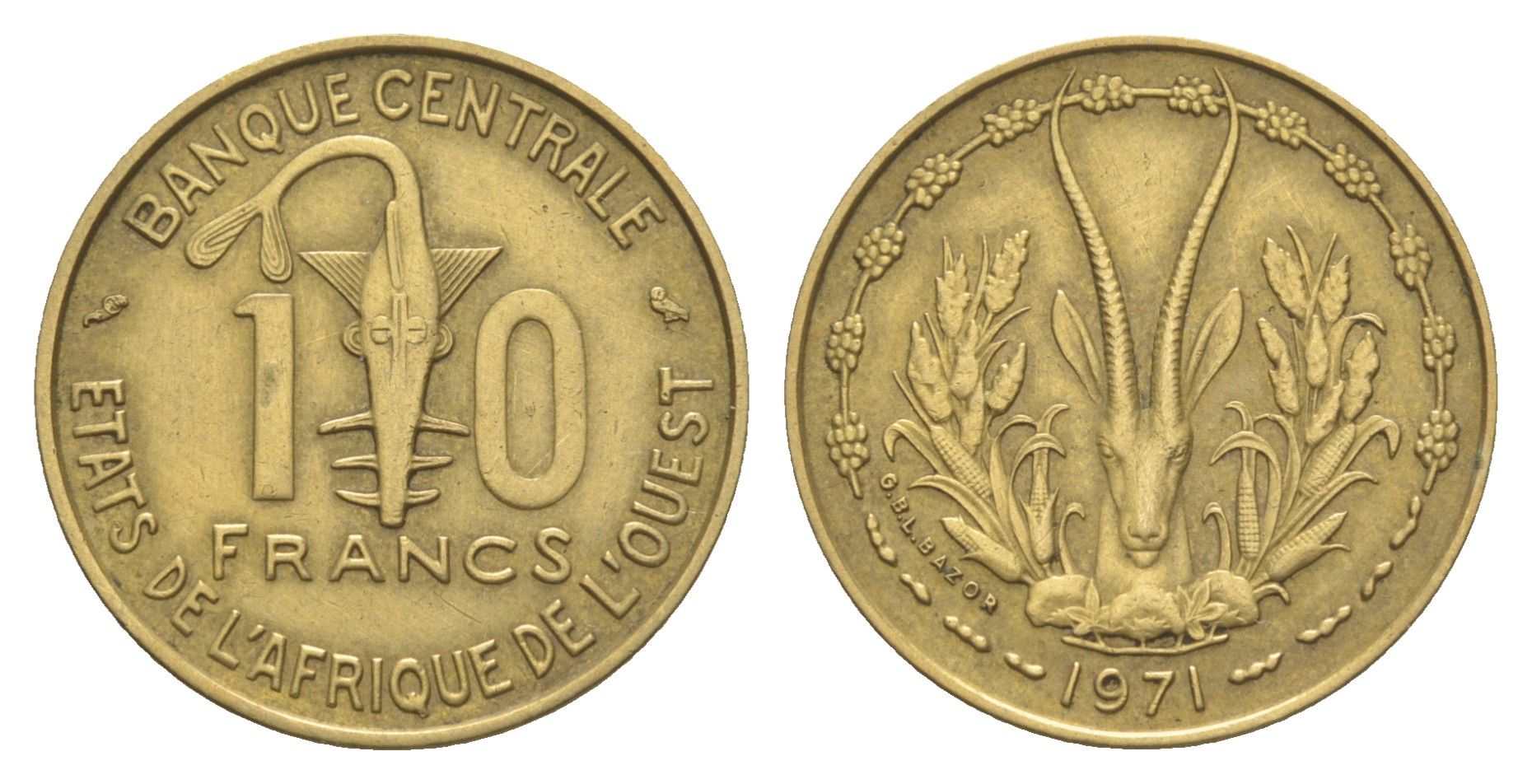 Западная Африка (BCEAO) 10 франков 1971 Центральный банк государств Западной Африки KM 1a медь алюминий никель 4605-852