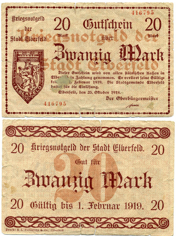 Германия, округ Эльберфельд 20 марок 1918 Вупперталь, Северный Рейн-Вестфалия, нотгельд, с 25 октября 1918 по февраль 1919 Geiger 124.04  бумага   435-42-1-2