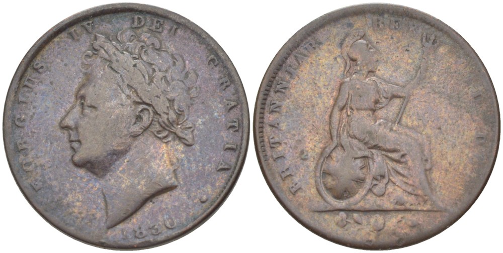 Великобритания 1 фартинг 1830 Георг IV (1820-1830) KM 697, Spink 3825 медь 4543-823