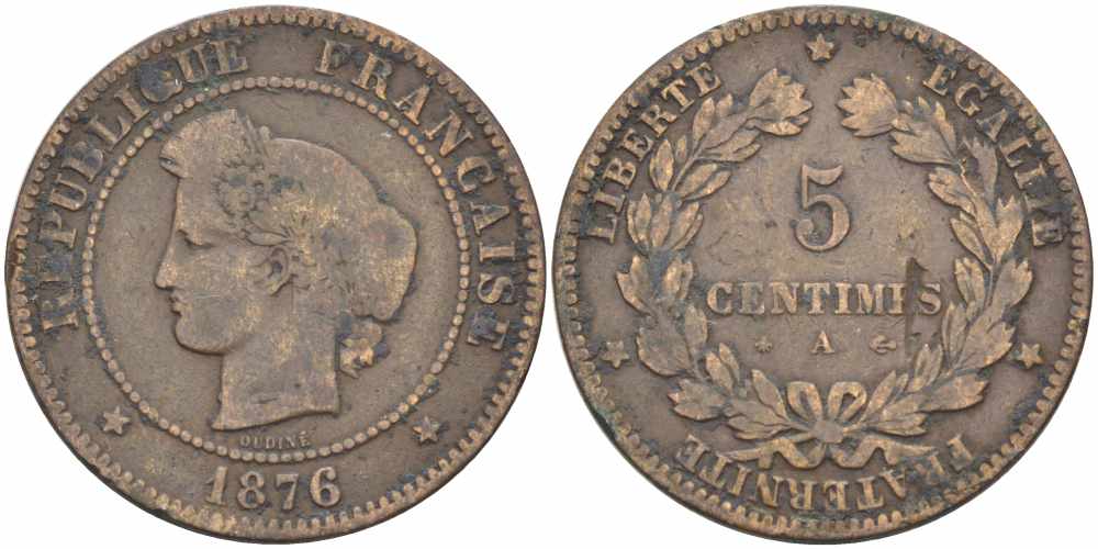 ФРАНЦИЯ 5 САНТИМОВ 1876 А, ТРЕТЬЯ РЕСПУБЛИКА (1871-1940) KM 821.1, LE FRANC 118.14 бронза 108-623