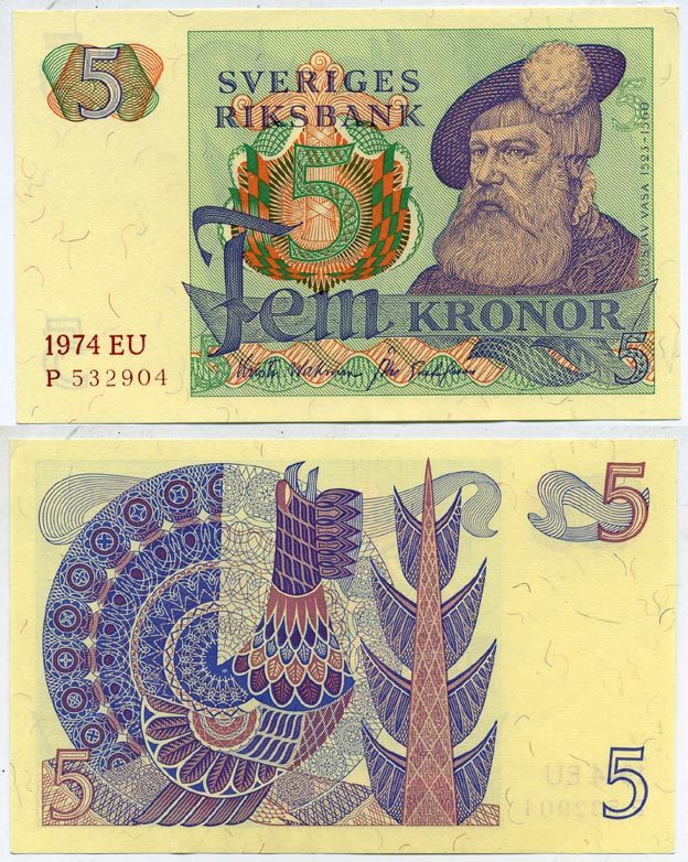 Швеция 5 крон 1974 EU, Густав I Ваза Pick 51c бумага aUNC 445-29-2