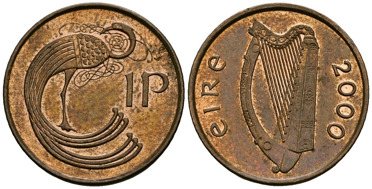 Ирландия 1 пенни 2000 мифологическая птица лира KM 20a сталь плакированная медью 4138-912