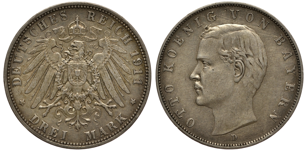 Бавария 3 марки 1911 Отто (1886-1913) Weege 45, J. 47, KM 515 серебро 3711-2041