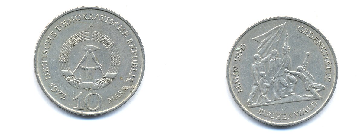 ГДР 10 марок 1972 A, мемориал Бухенвальда KM 38, J. 1539 медно-никель 3333-243