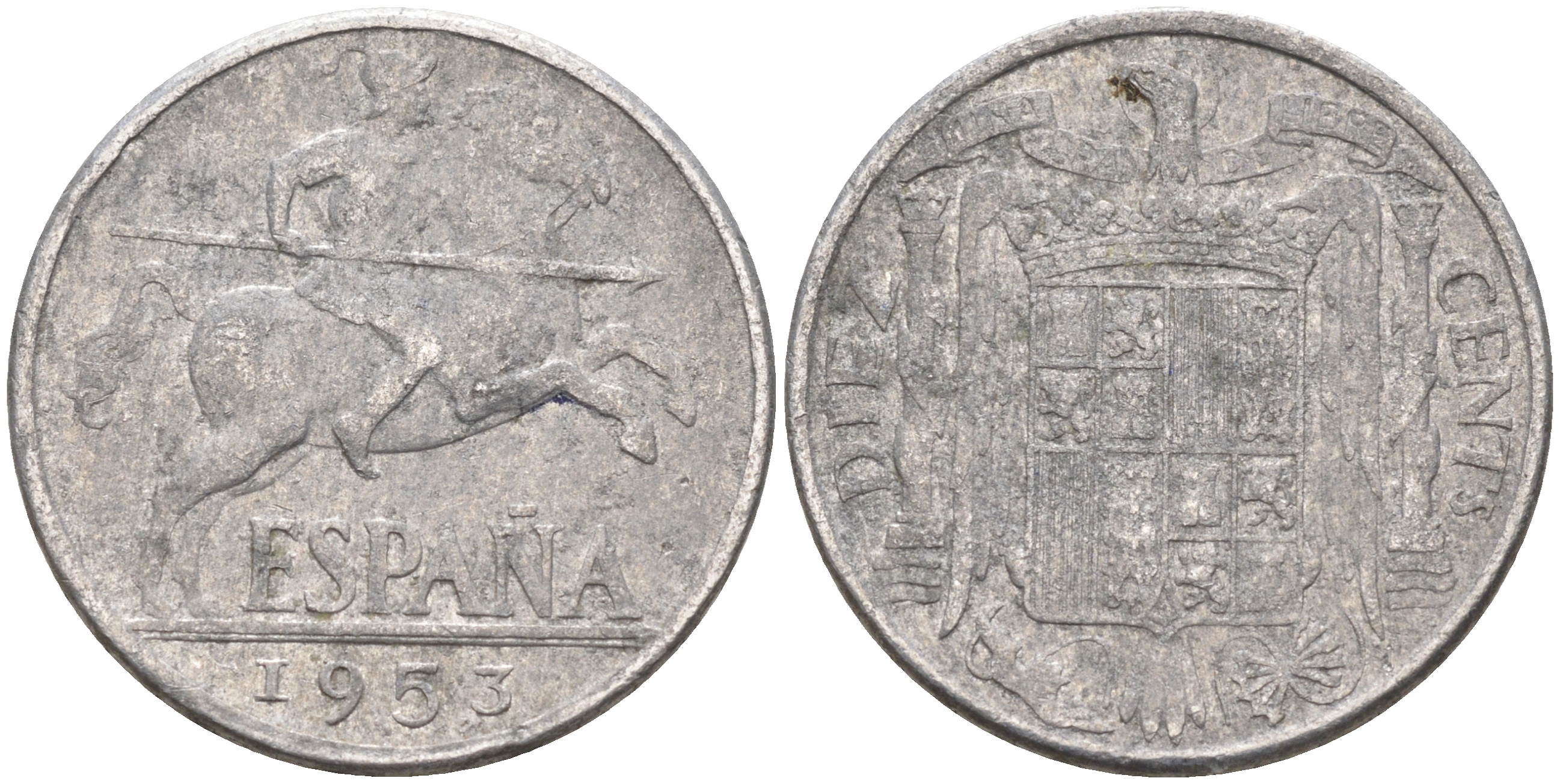 ИСПАНИЯ 10 СЕНТИМО 1953 РЫЦАРЬ НА КОНЕ KM 766 алюминий 4589-857