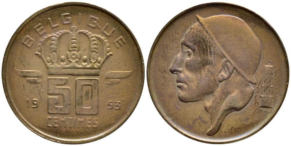 БЕЛЬГИЯ 50 САНТИМОВ 1953 BELGIQUE KM 144 бронза 4392-762