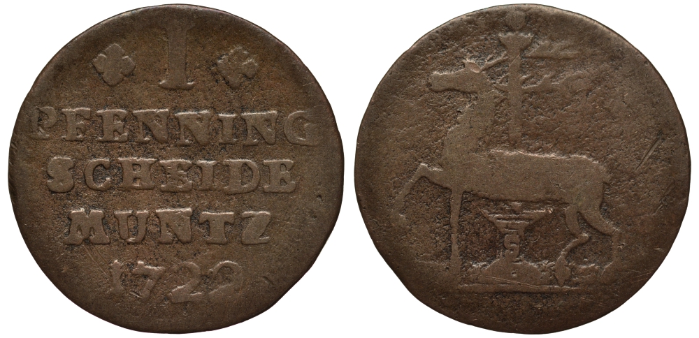 Штольберг-Россла 1 пфенниг 1722 Юстус Кристиан I (1704-1739) медь 1517-711