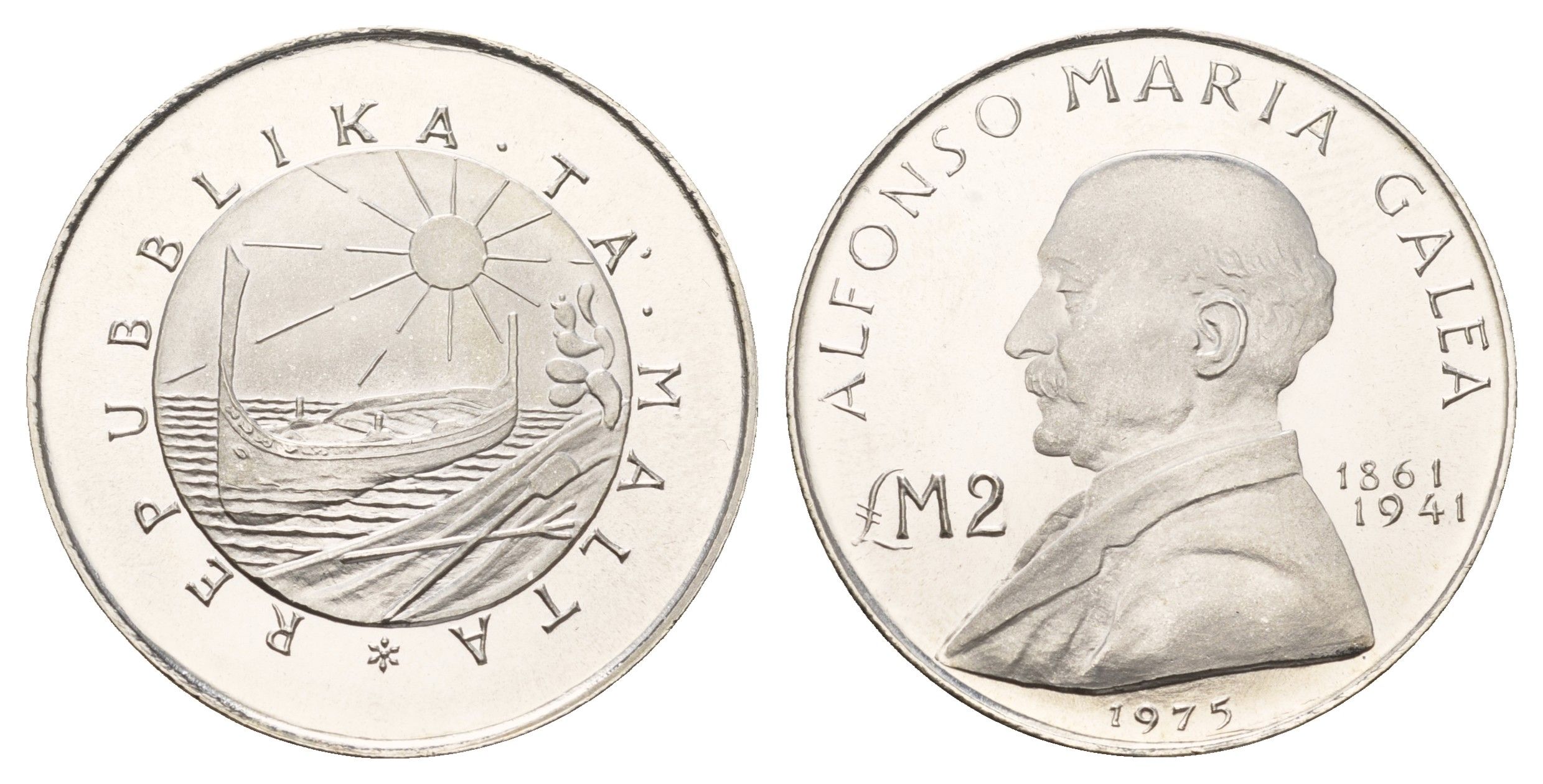 Мальта 2 лиры (фунта) 1975 Альфонсо Мария Галеа KM 31 серебро BU 270-545