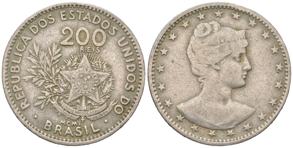 Бразилия 200 реалов 1901 MCMI, голова свободы вправо KM 504 медно-никель 4612-256