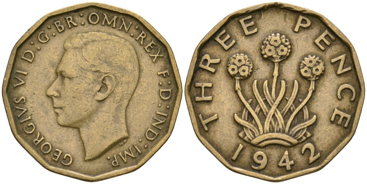 Великобритания 3 пенса 1942 Георг VI (1936-1952) KM 849, Spink 4112 никель латунь 4171-1033