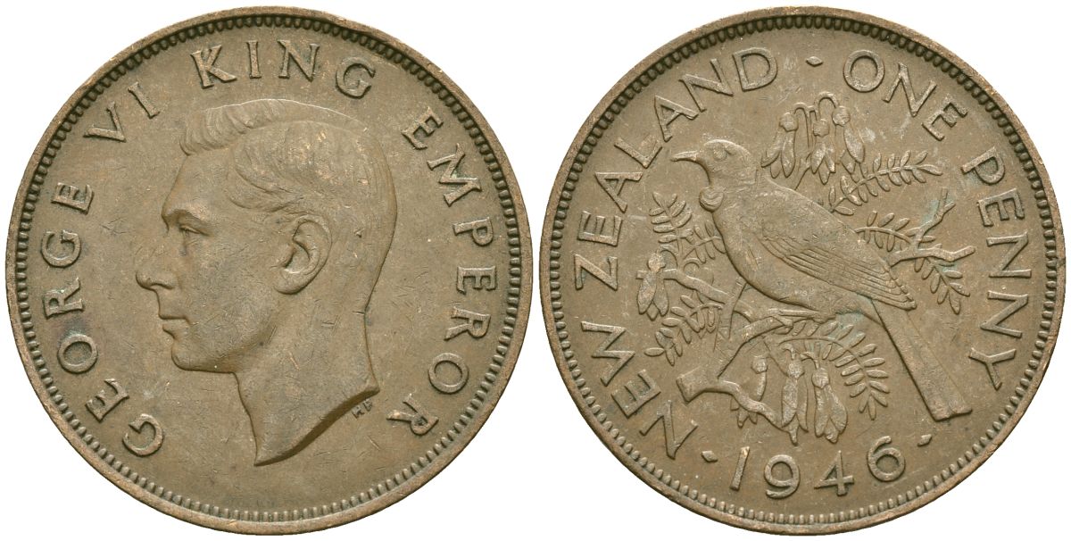Новая Зеландия 1 пенни 1946 Георг VI (1936-1952), новозеландский туи KM 13 бронза 32-835