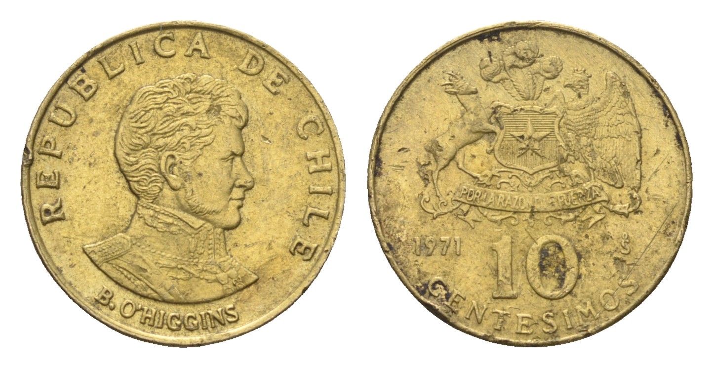 Чили 10 сентесимо 1971 KM 191 алюминиевая бронза 4664-428