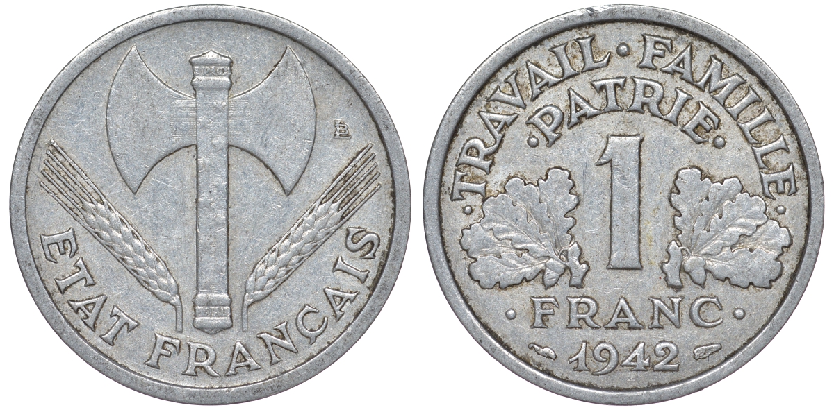 Франция 1 франк 1942 lb, тип Lourdе, правительство Виши KM 902.1, Le Franc 222.2 алюминий 25-2336