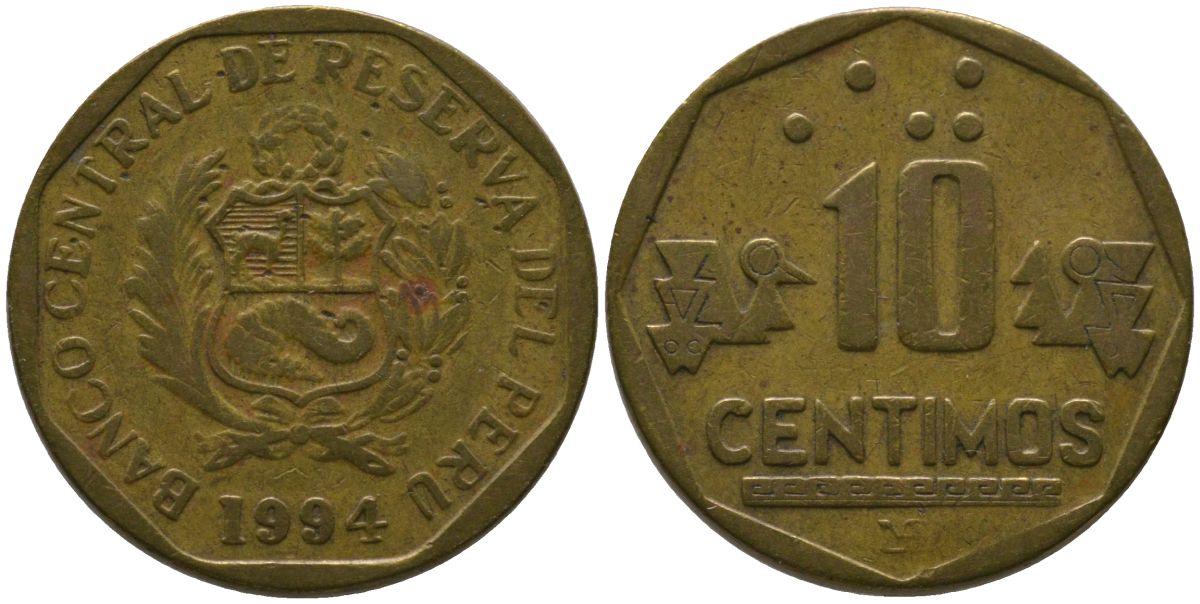 Перу 10 сентимо 1994 LIMA KM 305.1, Schon 104 латунь 4543-556