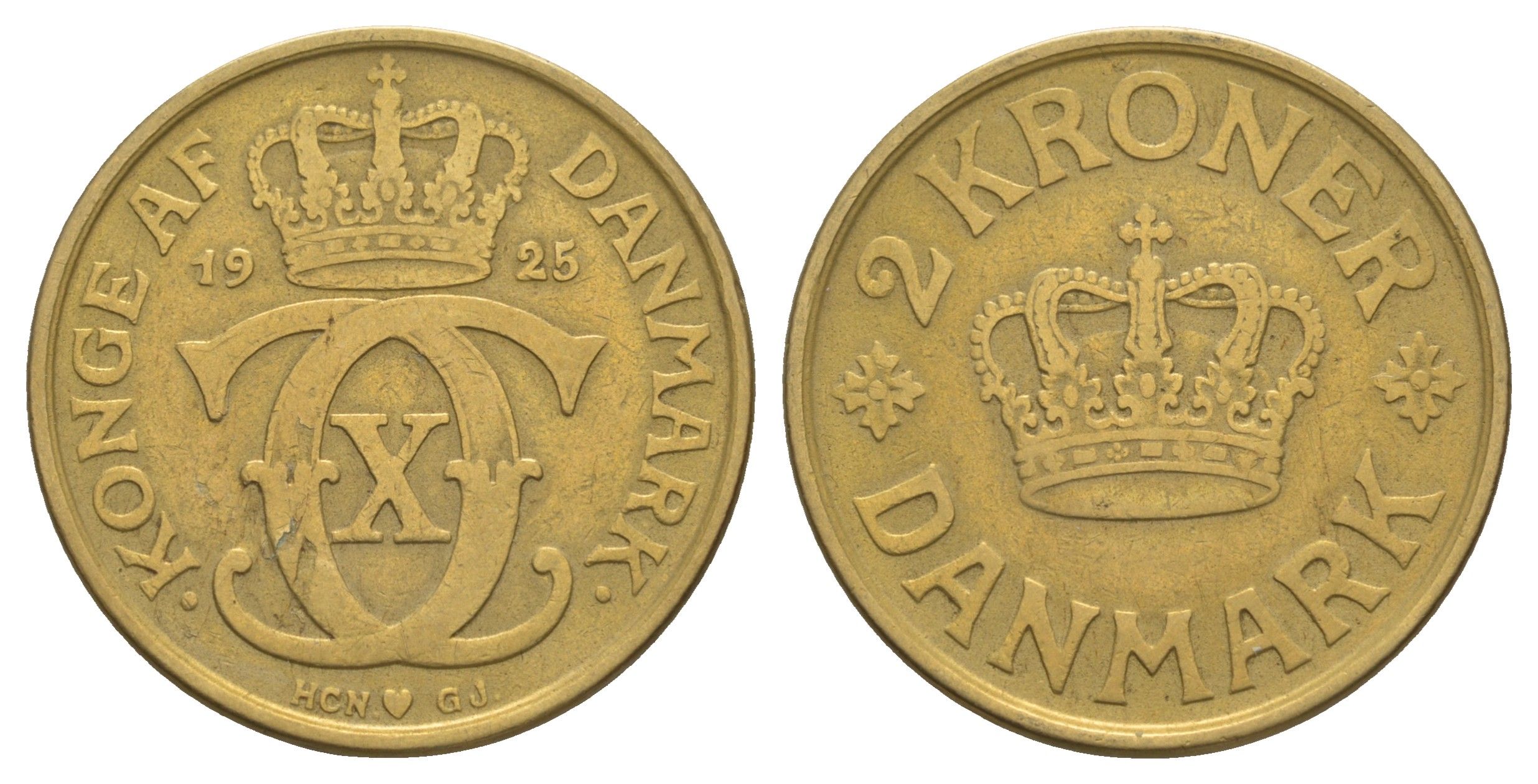 Дания 2 кроны 1925 HCN; GJ, Кристиан X (1912-1947) KM 825 алюминиевая бронза    115-412