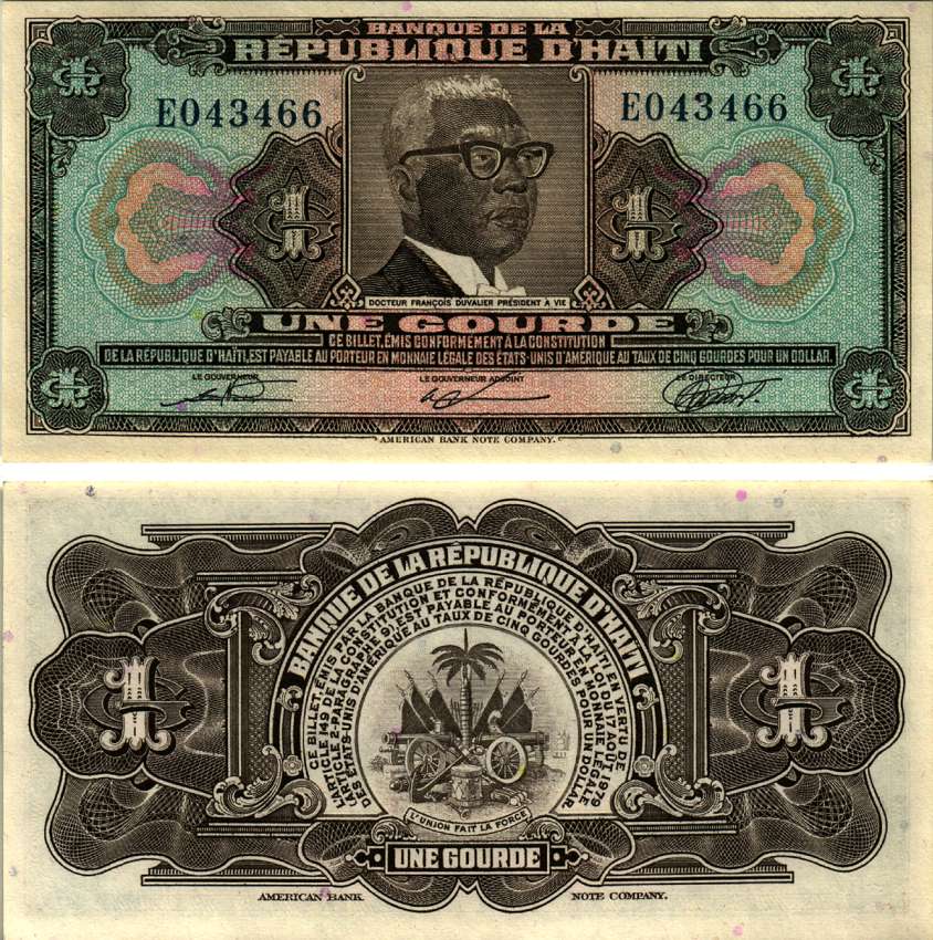 ГАИТИ 1 ГУРД 1979 (1980-1982) СЕРИЯ EO, ПРЕЗИДЕНТ ФРАНСУА ДЮВАЛЬЕ, ABNC, СВЕТИТСЯ В УЛЬТРАФИОЛЕТЕ Pick 230 бумага UNC (ПРЕСС) 2192-4-1-2