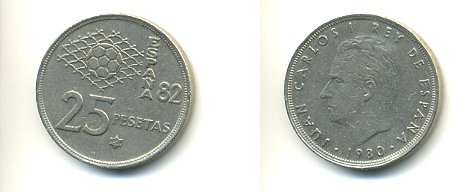 Испания 25 песет 1980 (82) чемпионат мира по футболу в Испании 1982 года, Хуан Карлос I (1975-) KM 818 медно-никель 54-2236