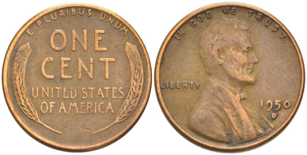 США 1 ЦЕНТ 1950 D, ЛИНКОЛЬН KM А132 медь цинк 218-538