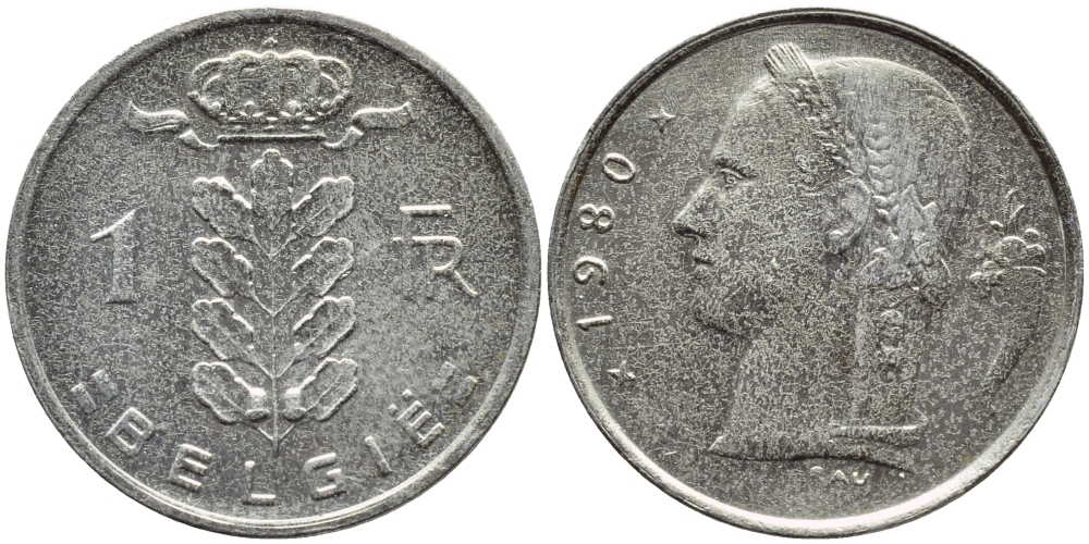 БЕЛЬГИЯ 1 ФРАНК 1980 BELGIE KM 143.1 медно-никель 3999-256