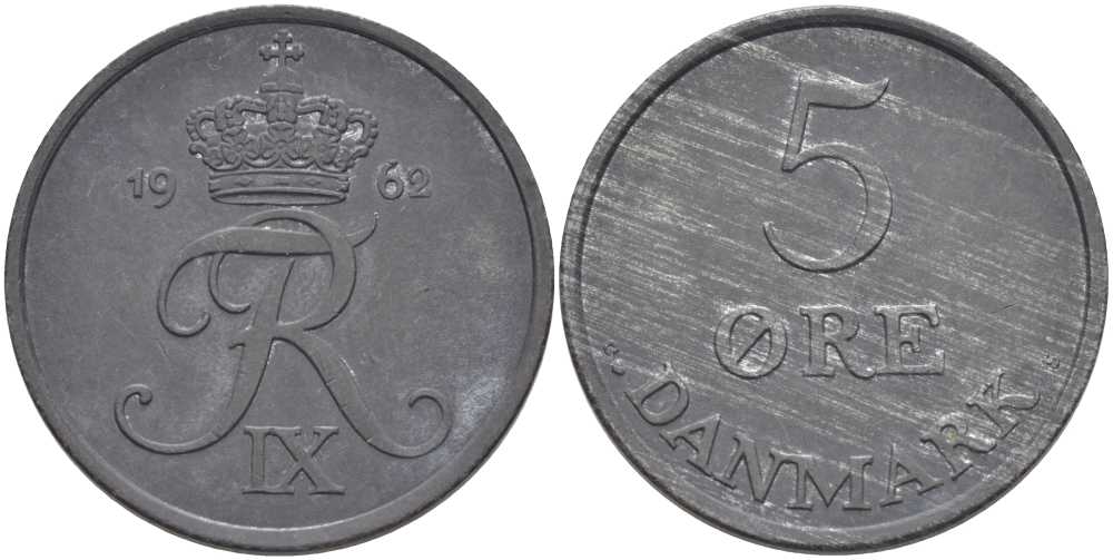 ДАНИЯ 5 ЭРЕ 1962 C; S, ФРЕДЕРИК IX (1947-1972) KM 843.2 цинк 38-422