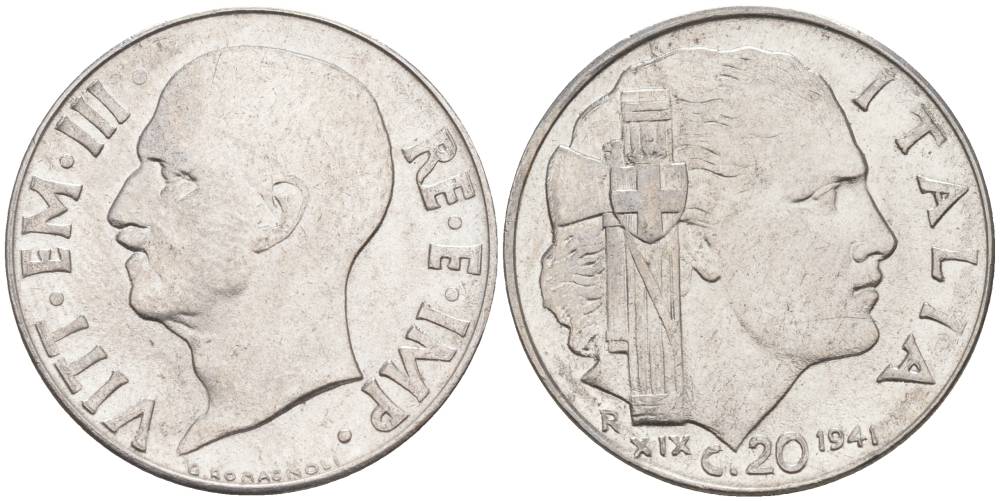 ИТАЛИЯ 20 ЧЕНТЕЗИМО 1941 R, ГОД XIX, ВИКТОР ЭММАНУИЛ III (1900-1946) KM 75b, VEM3. 1028 нержавеющая сталь 3853-622