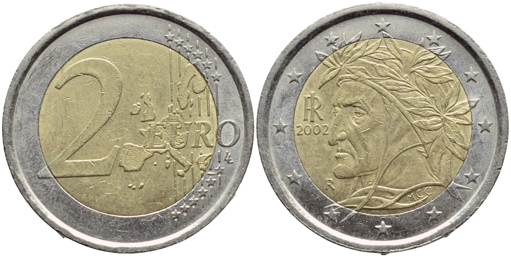 Италия 2 евро 2002 Данте Алигьери KM 217 биметалл 4397-554