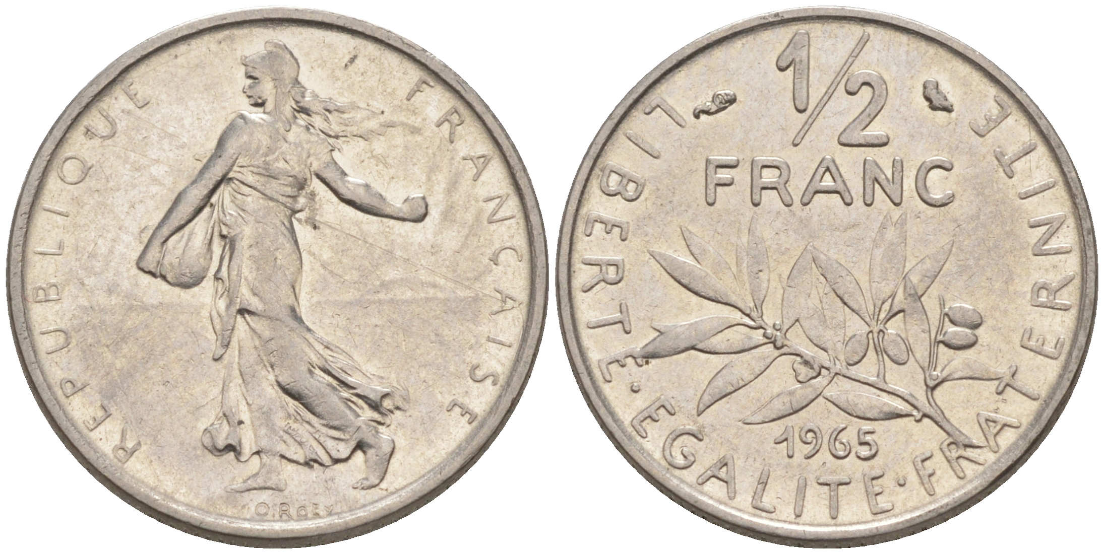 Франция 1/2 франка 1965 сеятель KM 931, Le Franc 198.3 никель 55-117