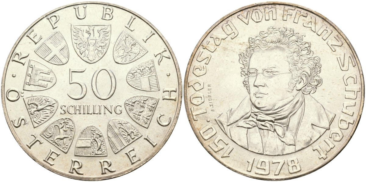 Австрия 50 шиллингов 1978 150 лет со дня смерти Франца Шуберта KM 2937 серебро UNC 04-324-43