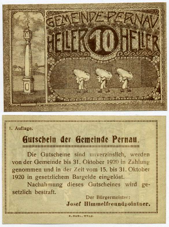 Австрия, Пернау 10 геллеров 1920 15-31 октября 1920, нотгельд, земля Верхняя Австрия   бумага  UNC (пресс) 8614-30-4-1