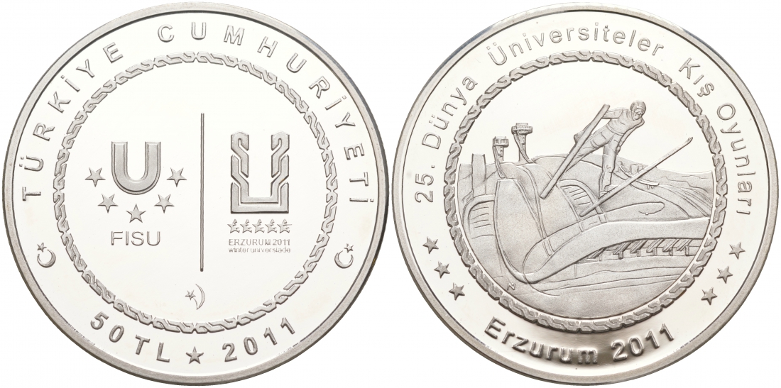 Турция 50 лир 2011 XXV зимняя Универсиада в Эрзурум 2011 года, прыжки с трамплина KM NEW серебро PROOF 11-037-24