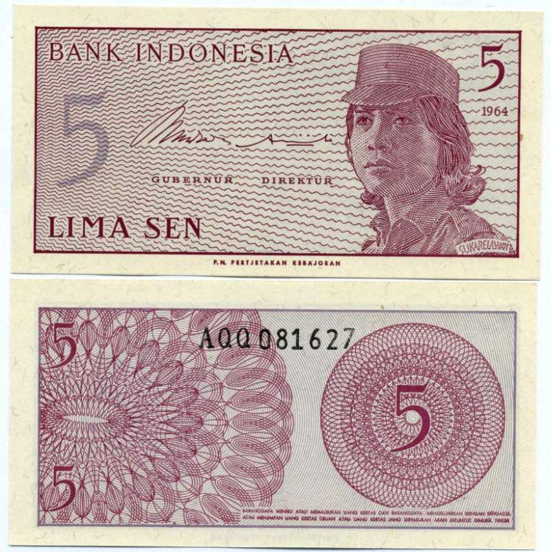 Индонезия 5 сенов 1964 девушка волонтер Pick 91 a  бумага  UNC (пресс) 8612-21-3-1