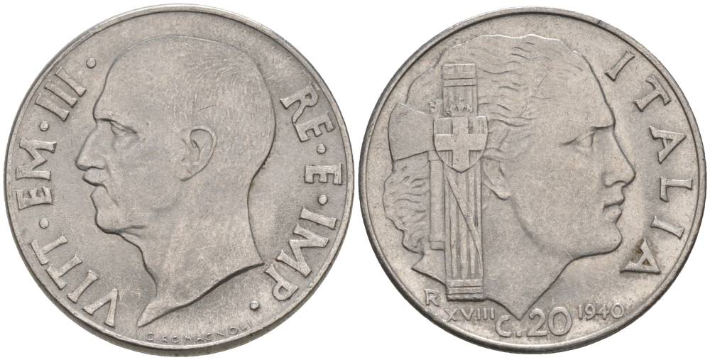 ИТАЛИЯ 20 ЧЕНТЕЗИМО 1940 R, ГОД XVIII, ВИКТОР ЭММАНУИЛ III (1900-1946), МАГНИТНАЯ, ГУРТ РИФЛЁНЫЙ KM 75b, VEM3. 1025 нержавеющая сталь 3853-514