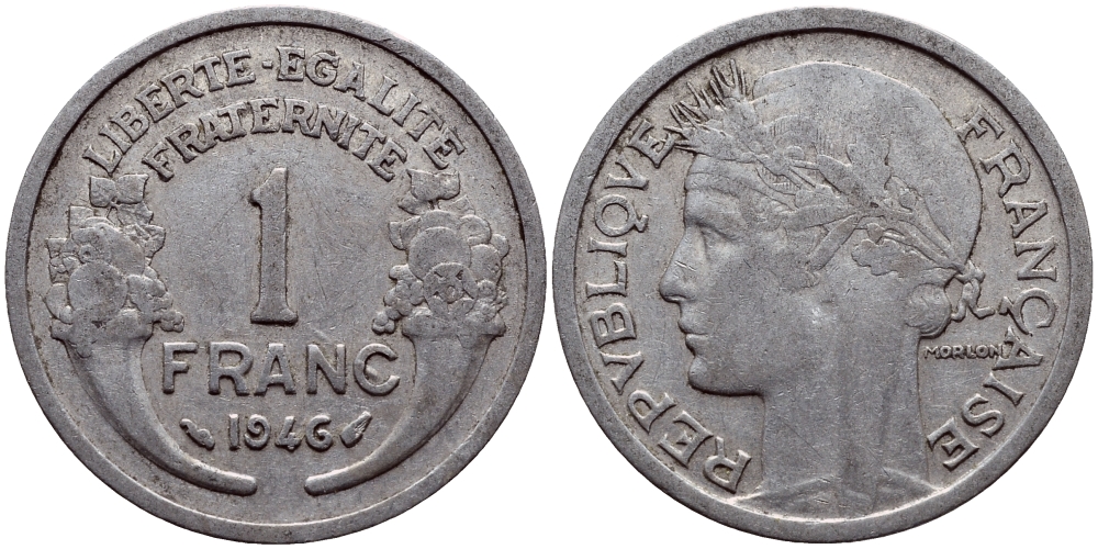 ФРАНЦИЯ 1 ФРАНК 1946 KM 885а.1 алюминий 23-1056