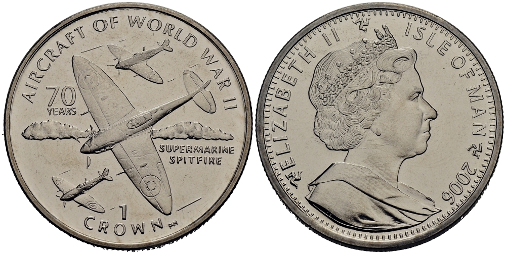 Остров Мэн 1 крона 2006 70 лет создания самолета Спитфайр KM NEW медно-никель UNC 74-533